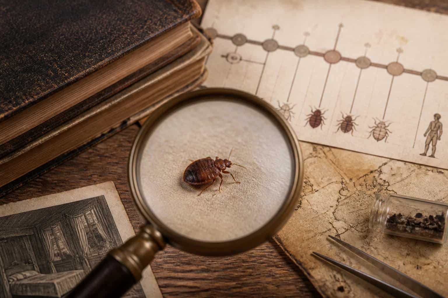 Close-up of a bed bug under a magnifying glass on a wooden table with old books and historical documents around it.