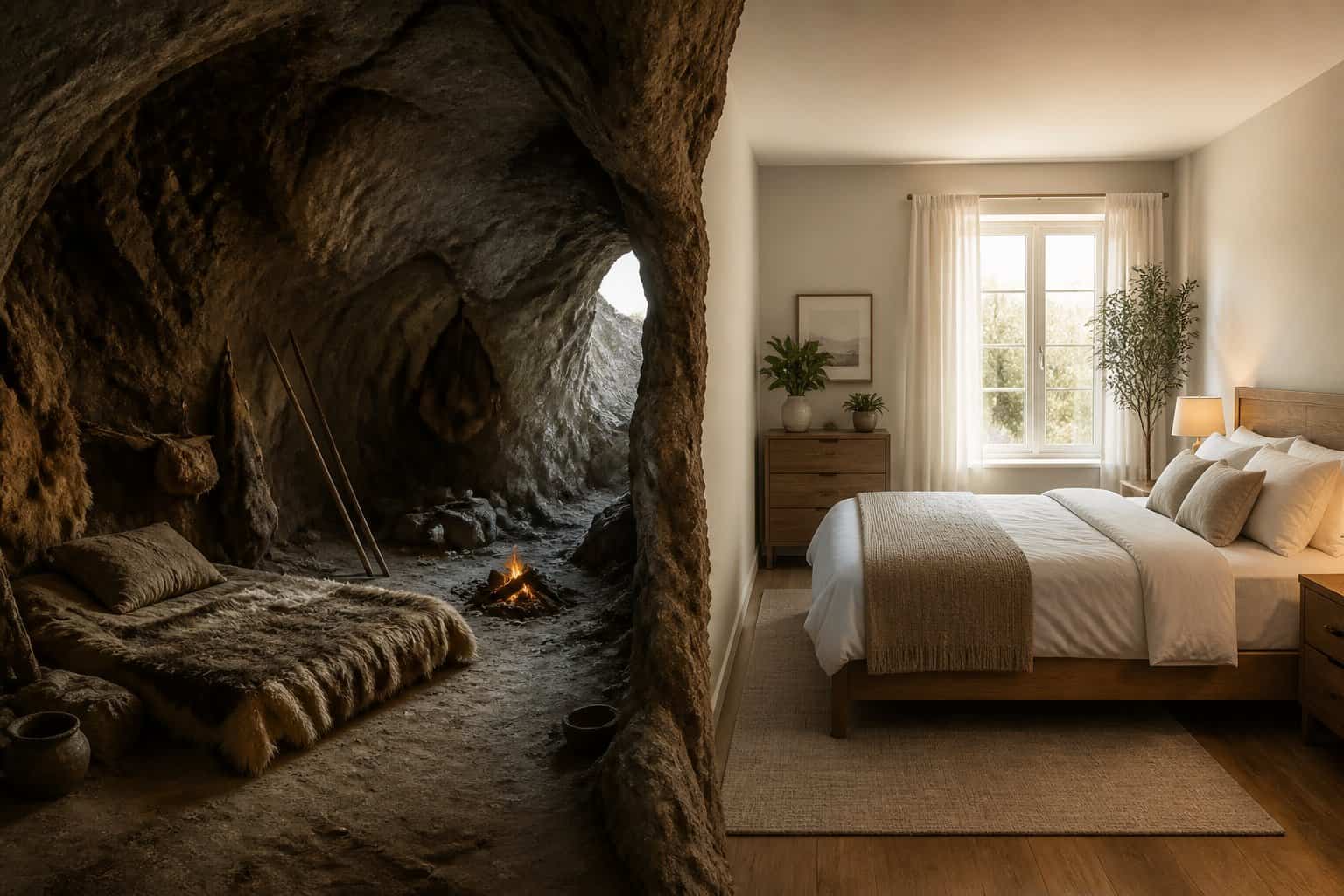 Split scene showing an ancient cave interior on one side and a modern bedroom on the other, illustrating the evolution of human living spaces.