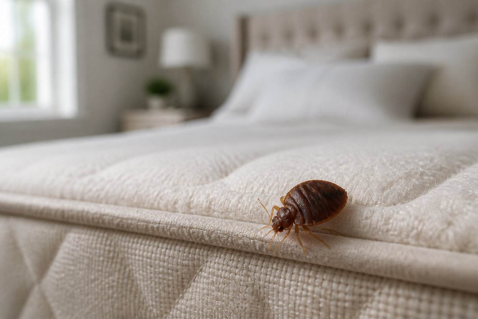 Close-up of a bed bug on a mattress seam with a blurred bedroom background.