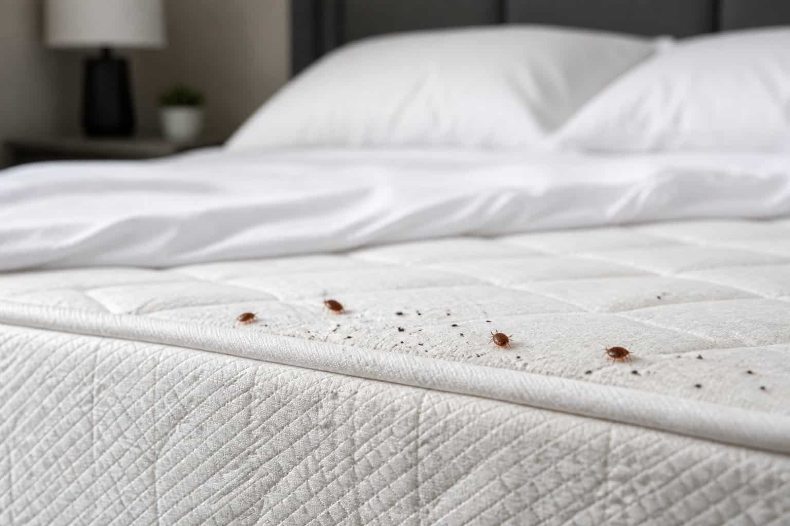 Close-up of a mattress with visible bed bugs and signs of infestation in a modern bedroom.