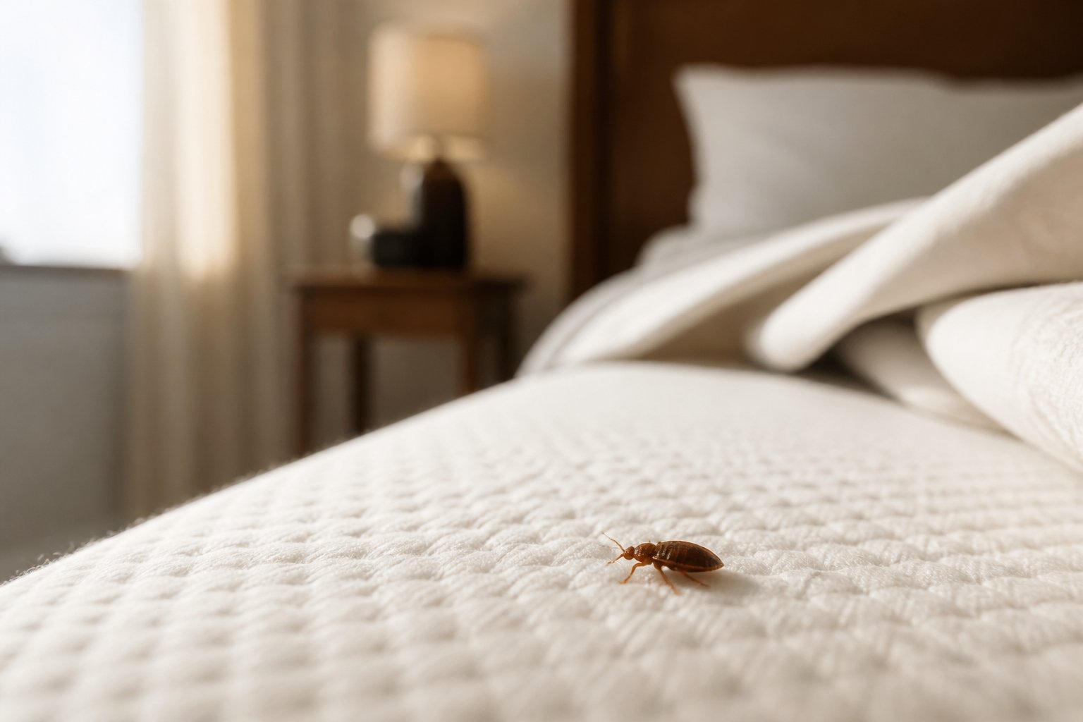 Close-up of a bed mattress with a small bed bug crawling on it in a softly lit bedroom.