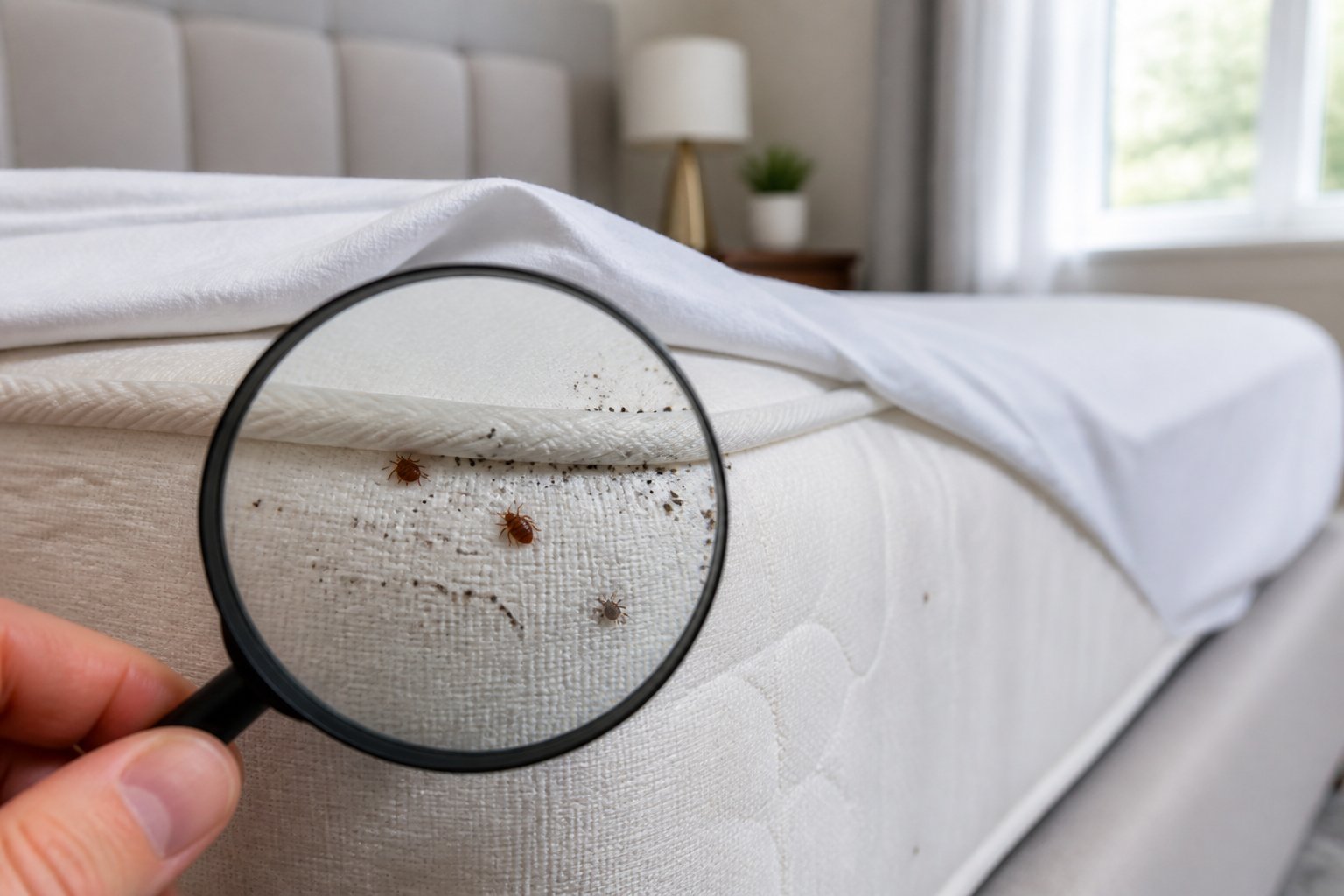 Close-up of a mattress corner showing small bed bugs and dark spots on the fabric, with a magnifying glass highlighting the area in a tidy bedroom.