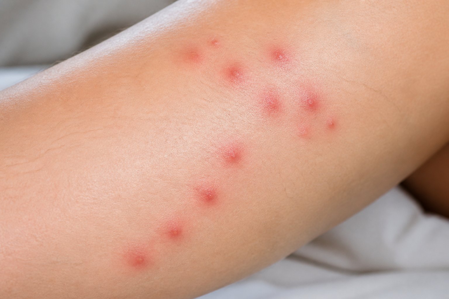 Close-up of a person's skin showing red, irritated bite marks from bed bugs.