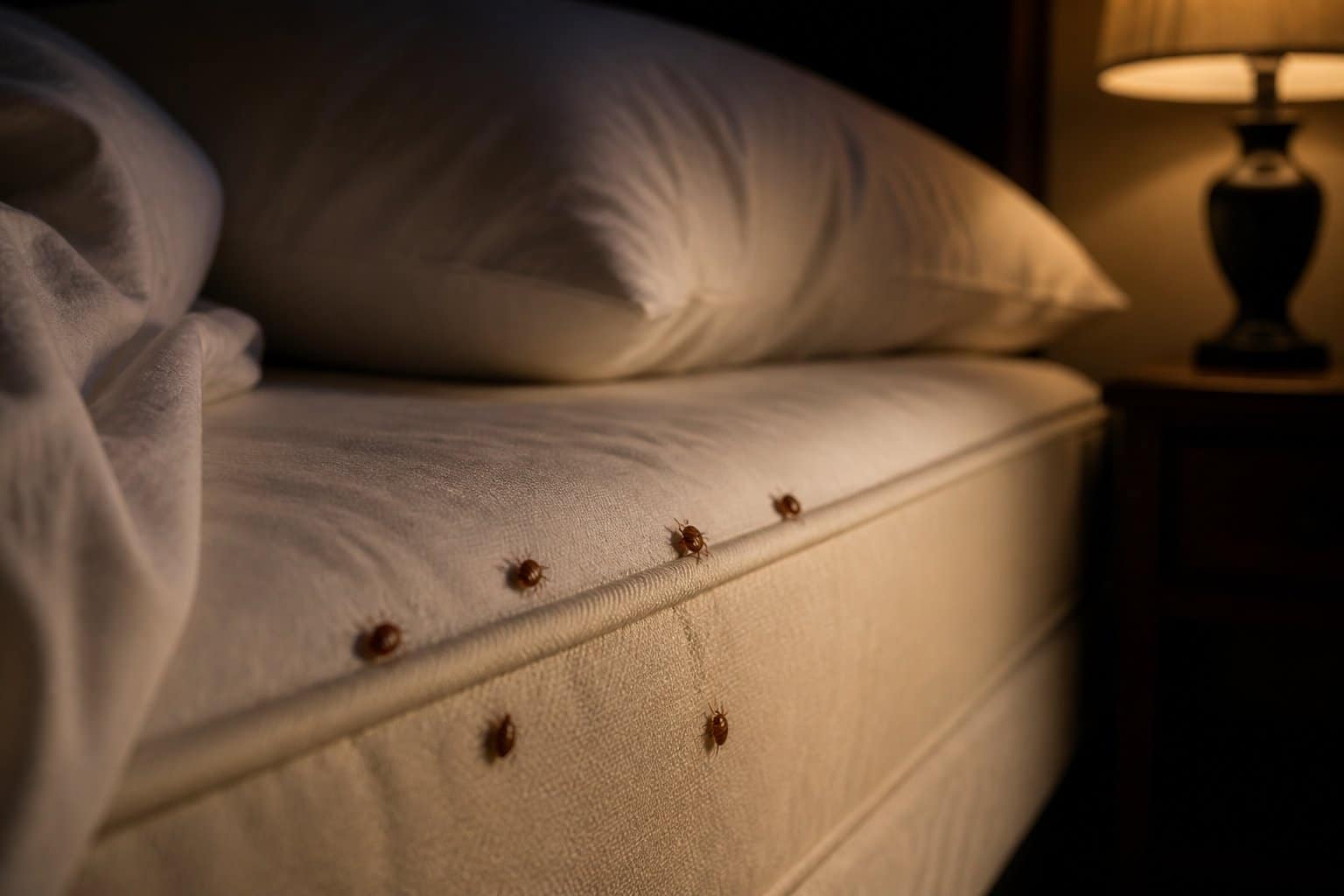 A dimly lit bedroom at night showing a bed with white sheets and subtle bed bugs near the mattress edges.