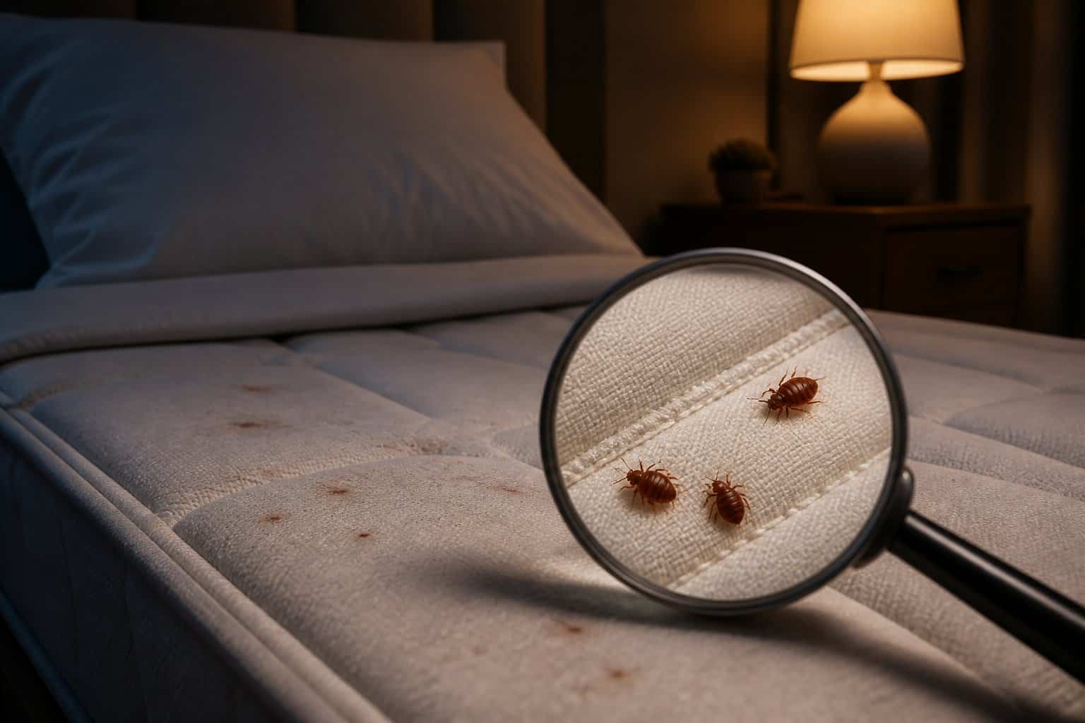 Close-up of a bed at night showing signs of bed bugs on the mattress with a magnifying glass highlighting the bugs.