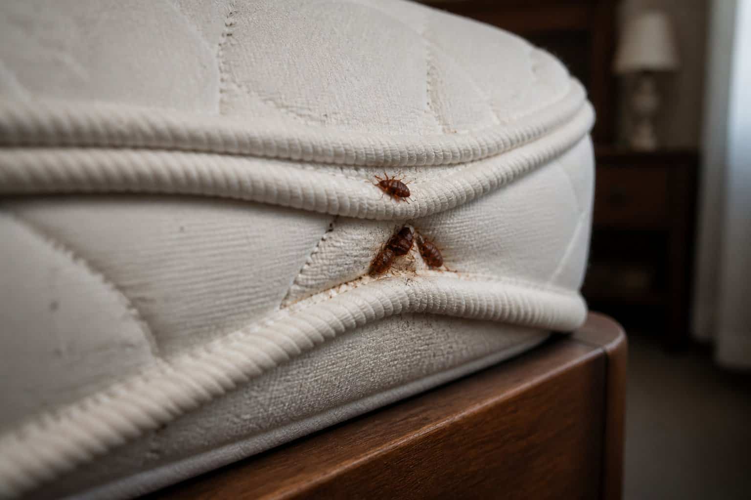 Close-up of a mattress corner showing small bed bugs hiding in the fabric crevices during the day.
