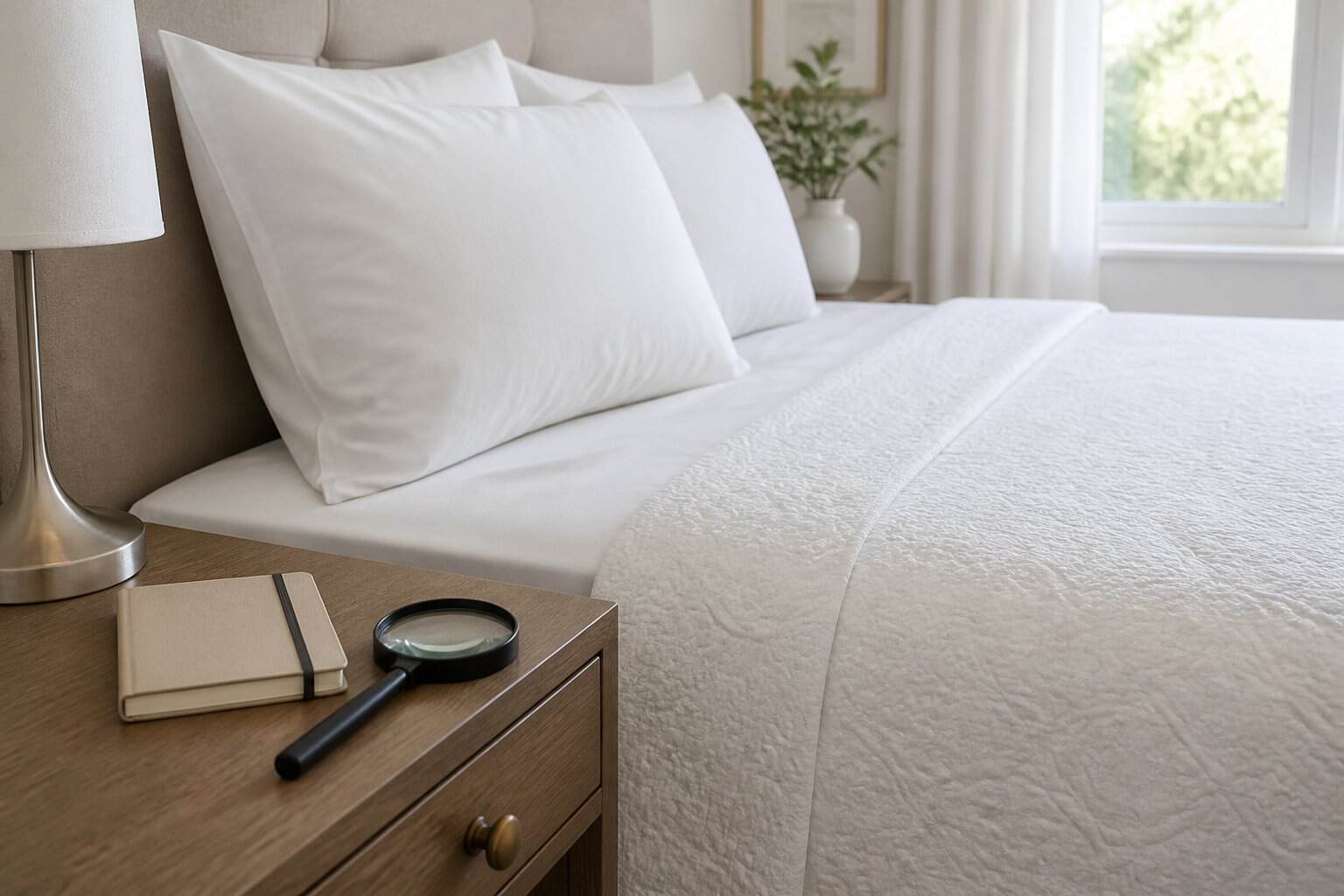 A neatly made bed with white linens and a bedside table holding a magnifying glass and notebook in a calm, sunlit bedroom.