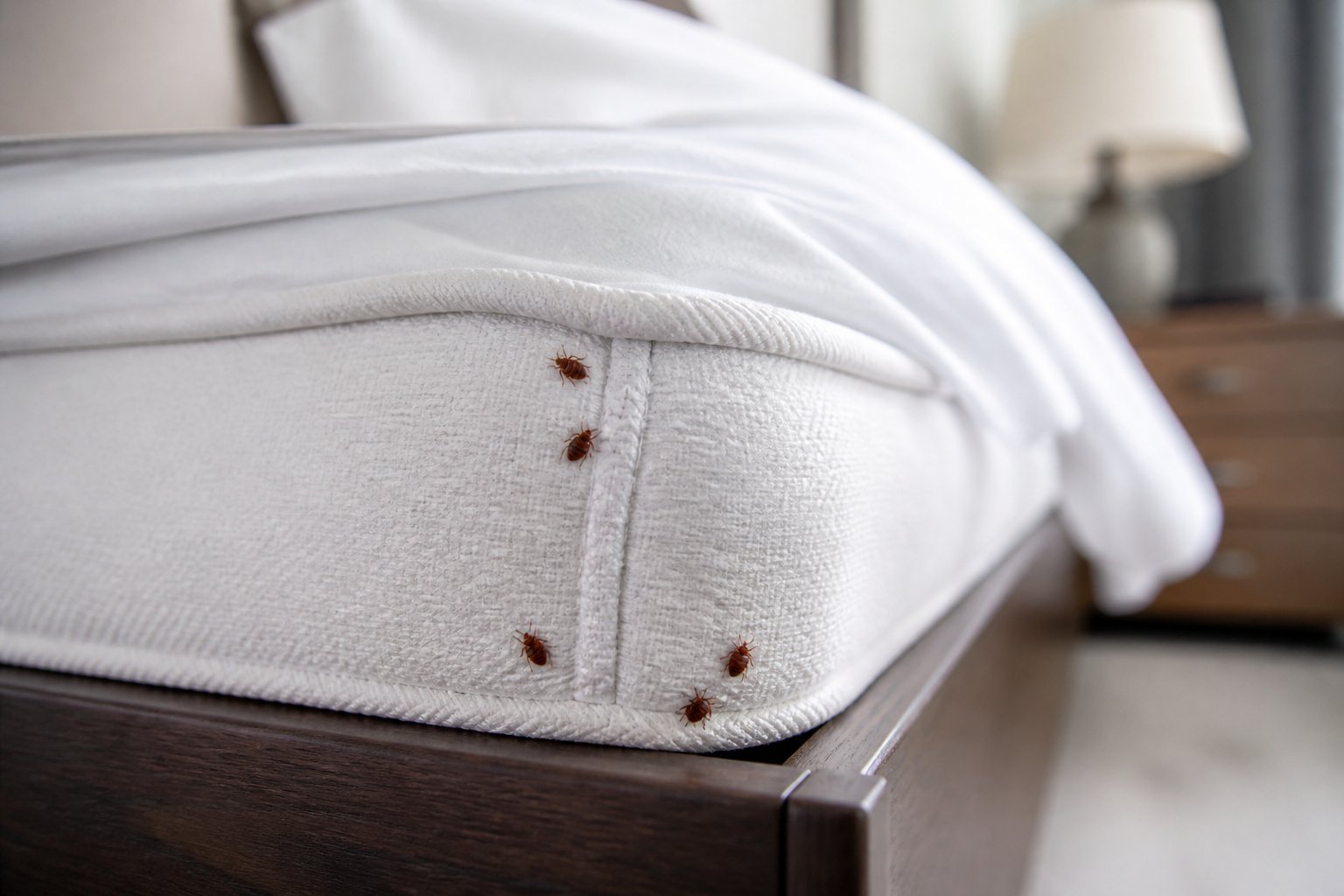 Close-up of a mattress edge and bed frame with several small reddish-brown bed bugs visible on the fabric.