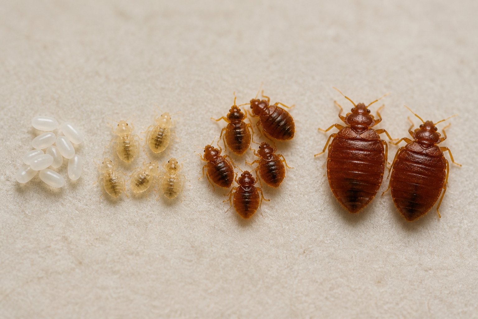 Close-up images of bed bugs at different life stages, from eggs to nymphs to adults, arranged side by side on a plain background.