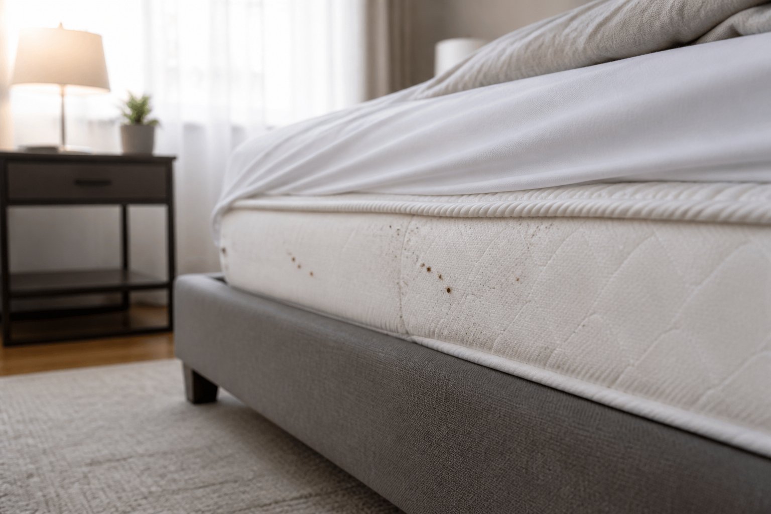 Close-up of a mattress with small reddish spots and dark specks near the seams indicating early signs of bed bugs.