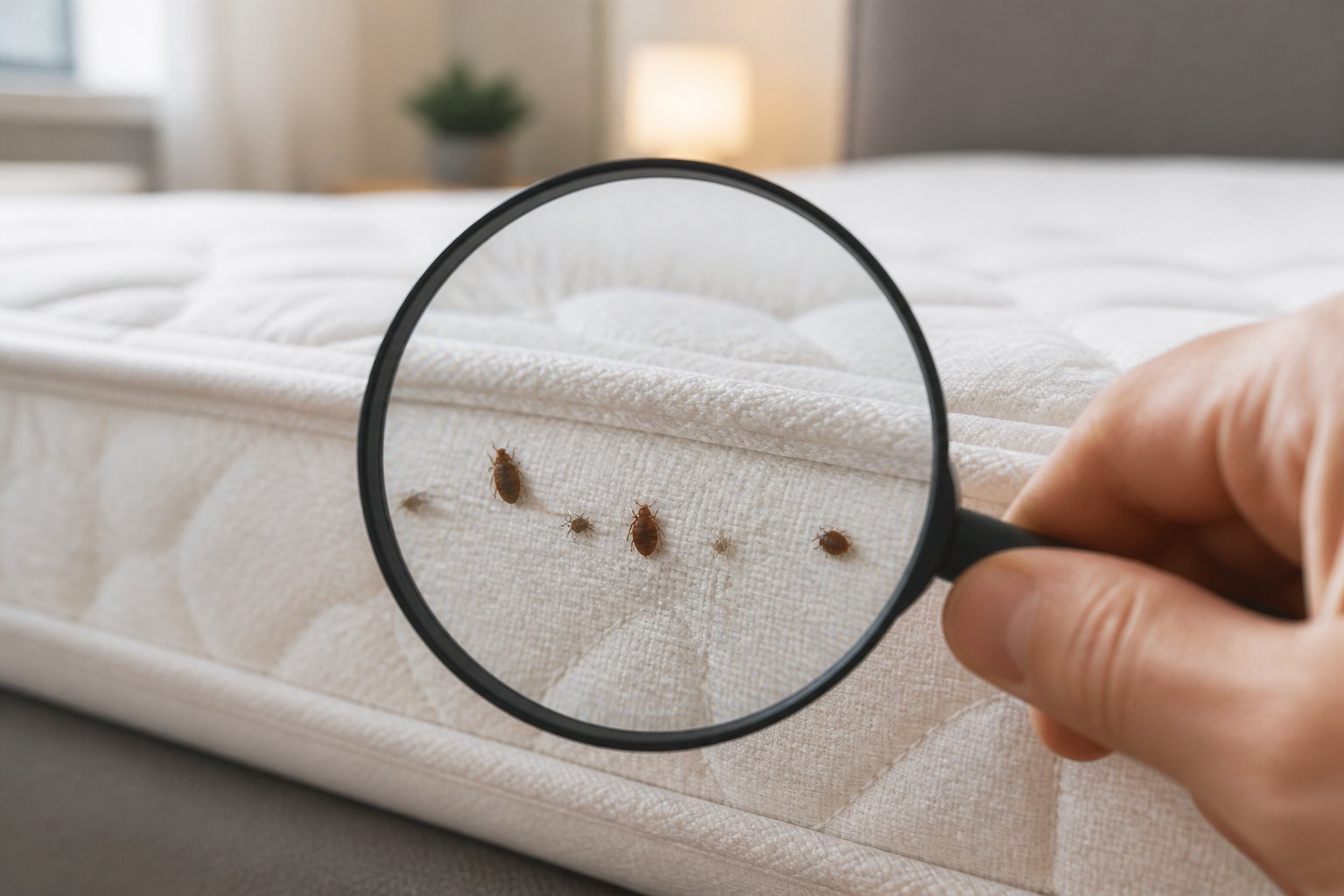 A person using a magnifying glass to closely examine small insects on a mattress seam.