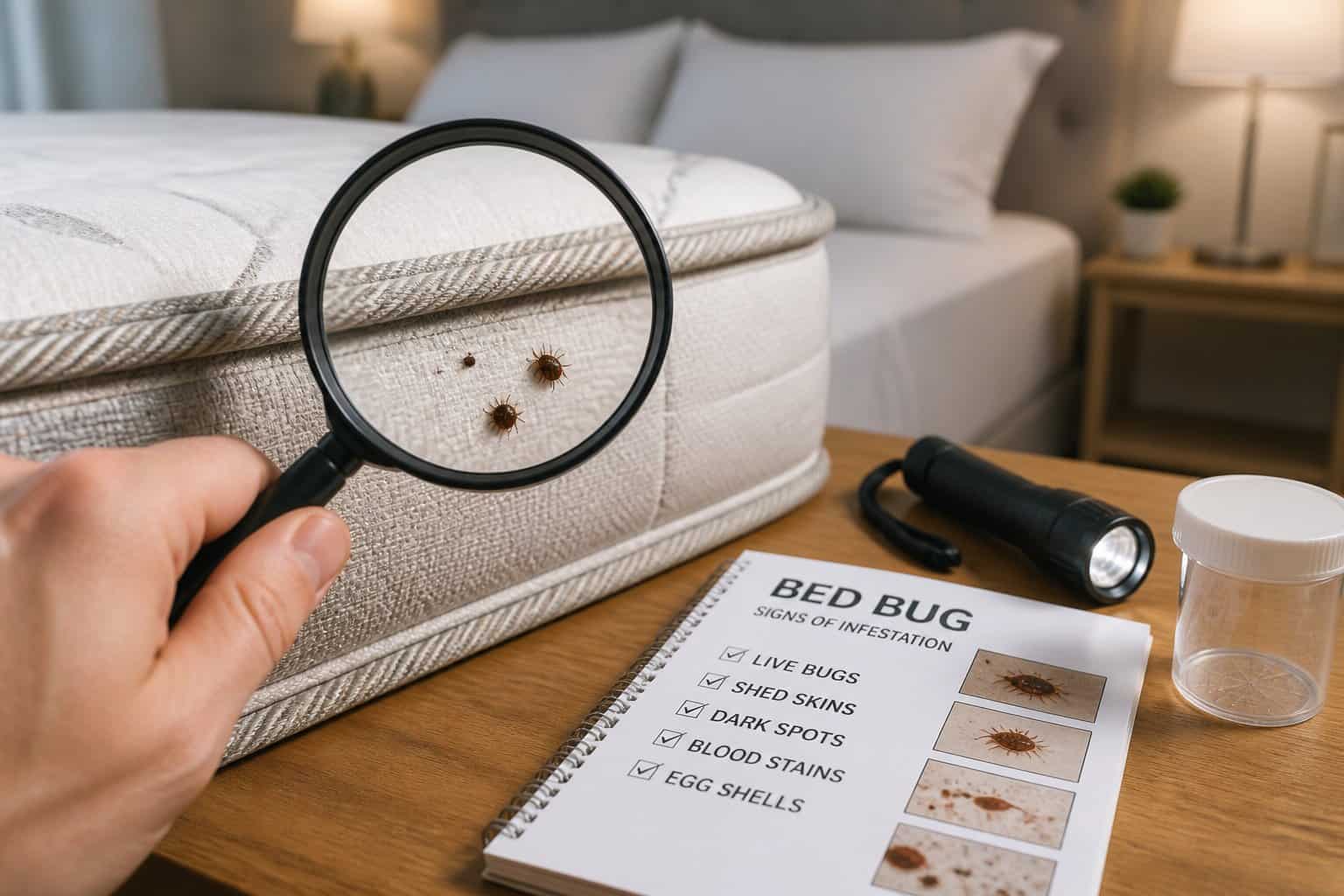 A person using a magnifying glass to inspect a mattress seam for bed bugs in a bedroom.