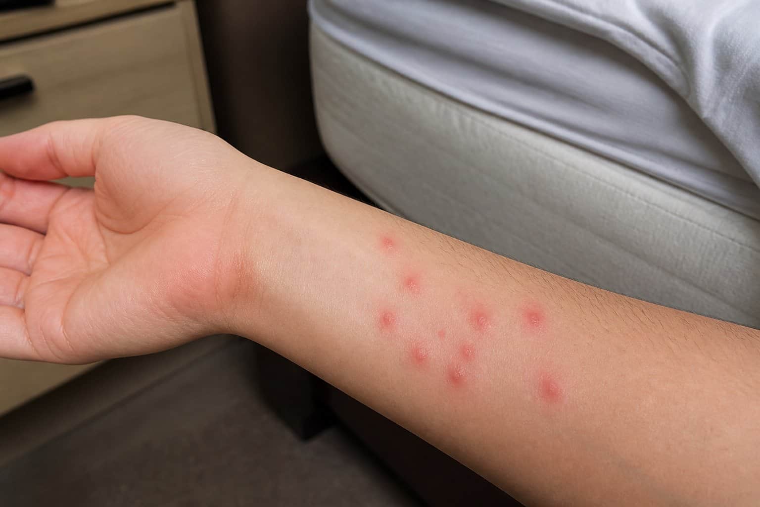 Close-up of a forearm with several small red bites and slight skin inflammation, with a mattress and bedding in the background.