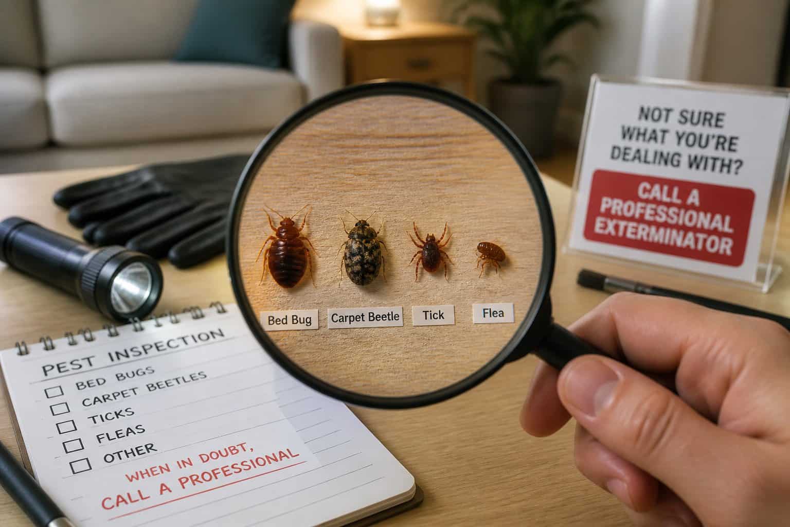 A person inspecting small insects on a wooden surface with a magnifying glass, surrounded by pest control tools on a table.