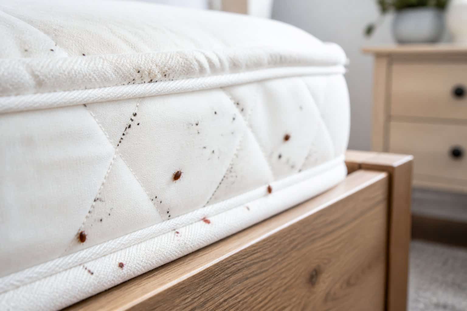 Close-up of a mattress showing small dark spots and tiny bed bugs near the seams, indicating signs of bed bug infestation.