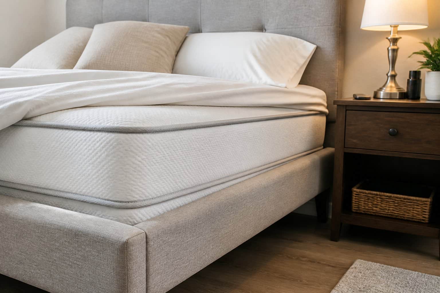 Close-up view of a bed and its frame in a tidy bedroom, showing common areas to check for bed bugs.