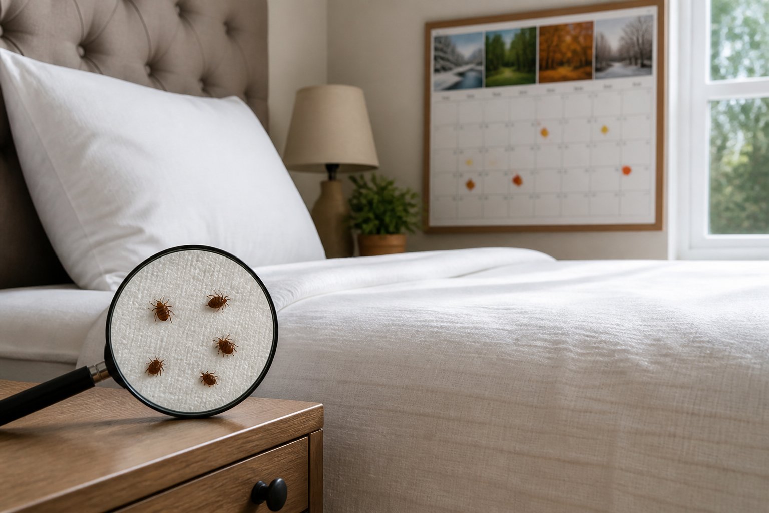 A bedroom with a neatly made bed and a magnifying glass showing tiny bed bugs on the mattress, with a calendar in the background.