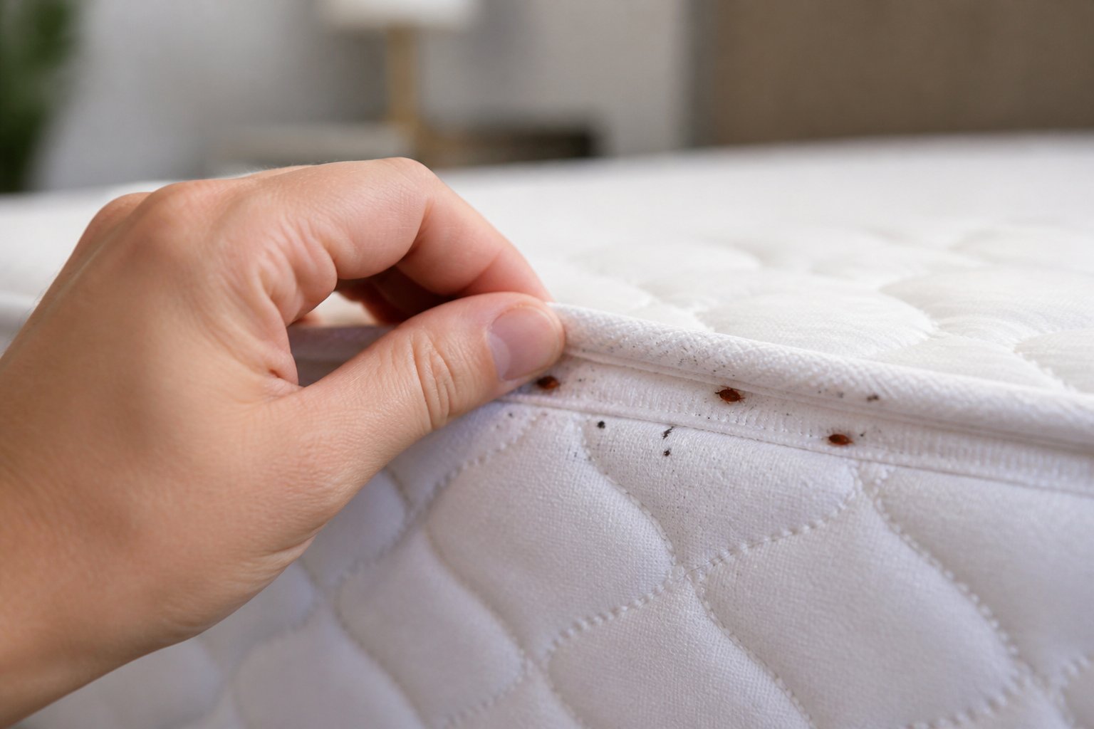 A person closely inspecting a mattress seam for bed bugs in a clean bedroom.