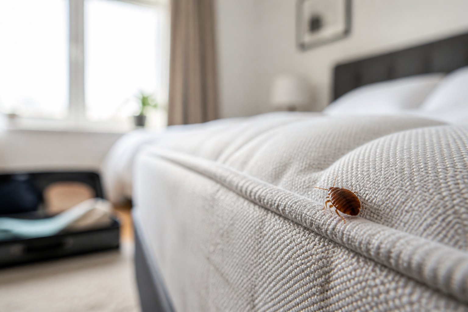 Close-up of a bed bug on a mattress seam in a bedroom with a suitcase on the floor.