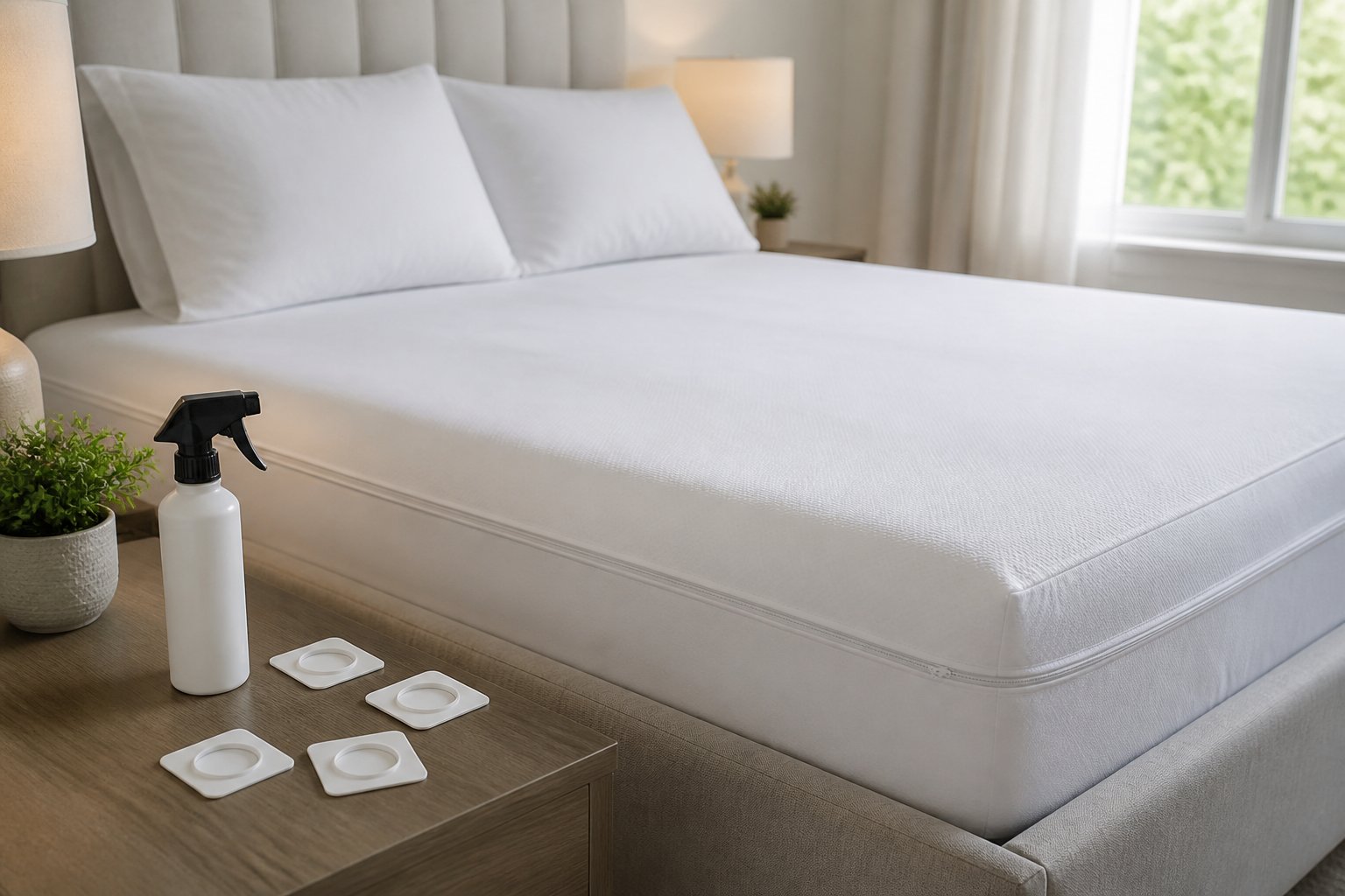 A clean bedroom with a neatly made bed, mattress cover, insect spray, and bed bug traps on a bedside table.