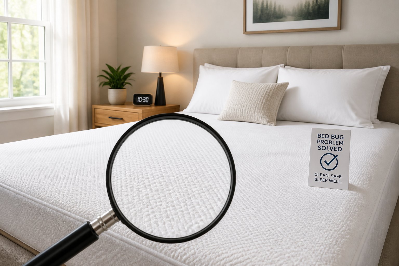 A clean bedroom with a neatly made bed and a magnifying glass showing a close-up of a spotless mattress.