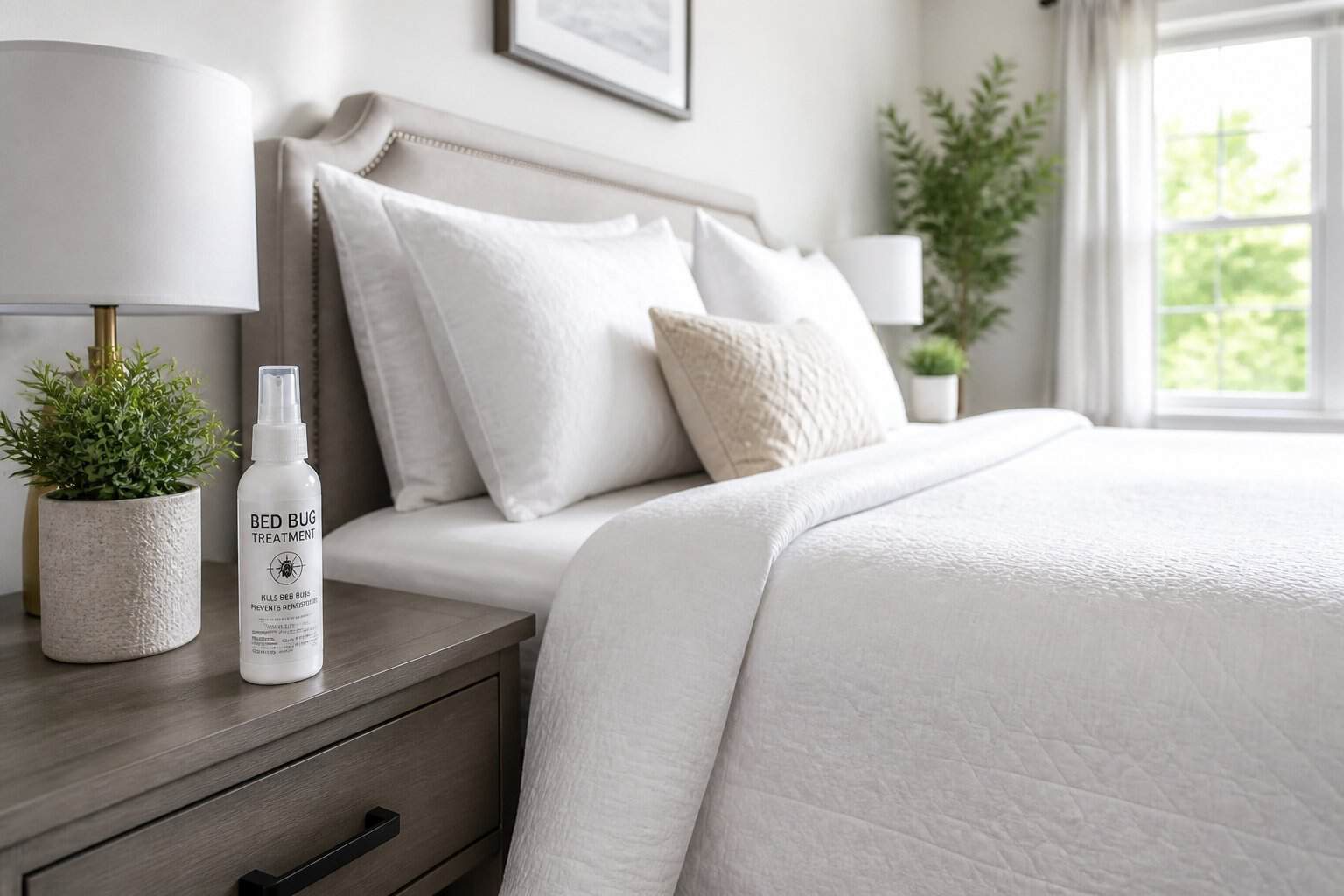 A clean, tidy bedroom with a neatly made bed and a pest control device on the bedside table.