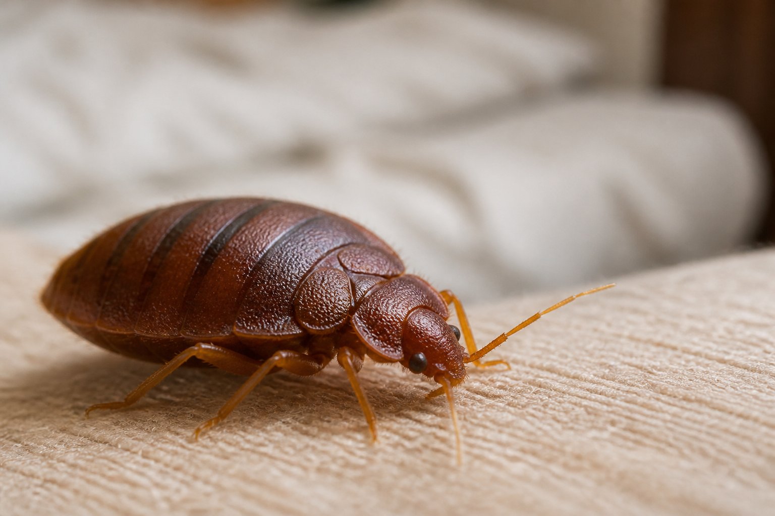 Close-up of a bed bug on a textured surface with a blurred background suggesting a bed environment.