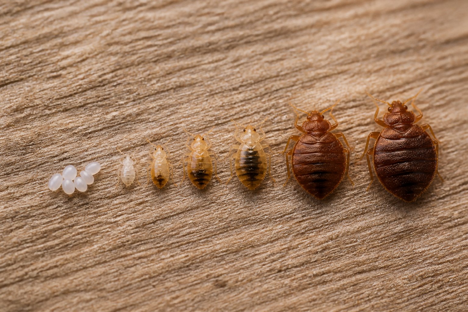 Close-up image showing bed bugs at different life stages including eggs, nymphs, and adults on a textured surface.