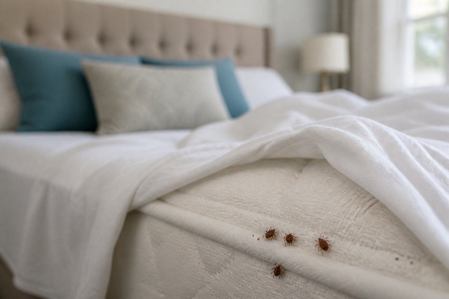 Close-up of a mattress seam with small bed bugs in a clean, well-lit bedroom.