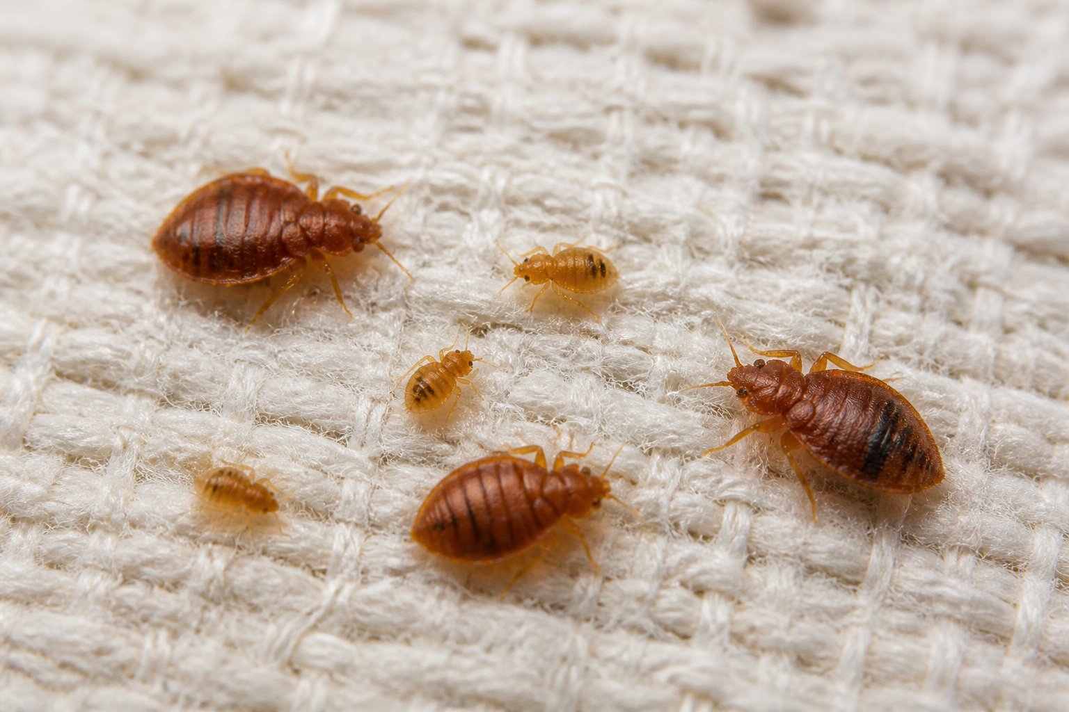 Close-up view of bed bugs and nymphs on a mattress fabric showing different life stages.