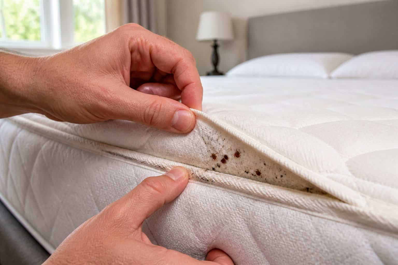 Close-up of hands inspecting a mattress corner revealing bed bugs and dark spots in a bright bedroom.