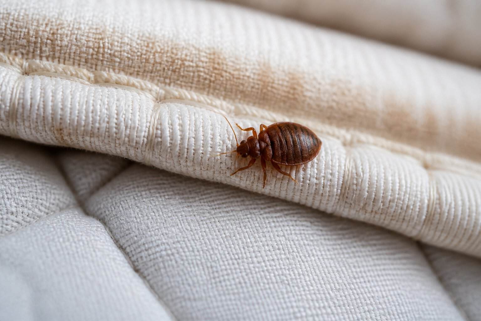 Close-up of a bed bug on the seam of a mattress.