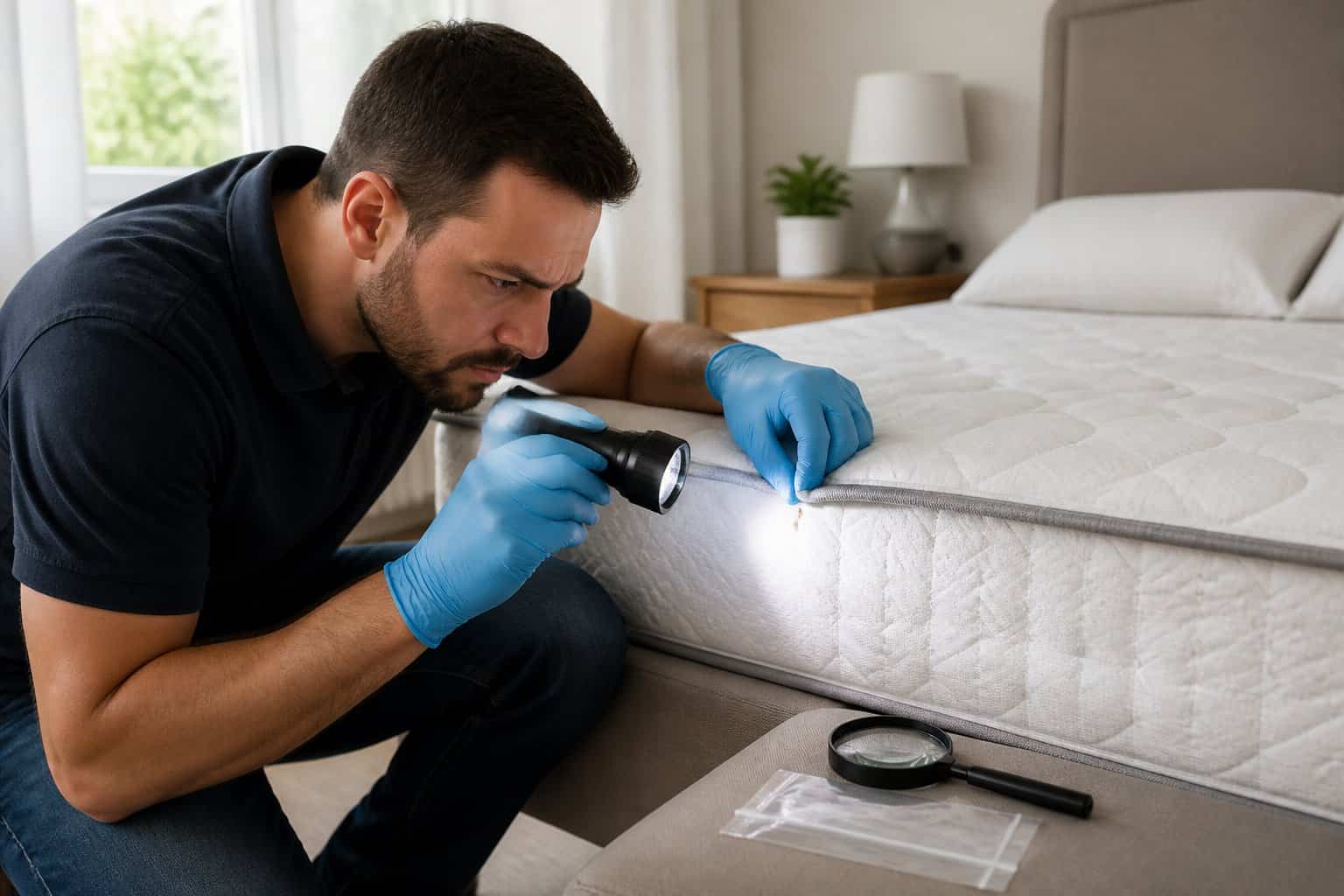 An adult inspecting a mattress closely with a flashlight and gloves in a clean bedroom.