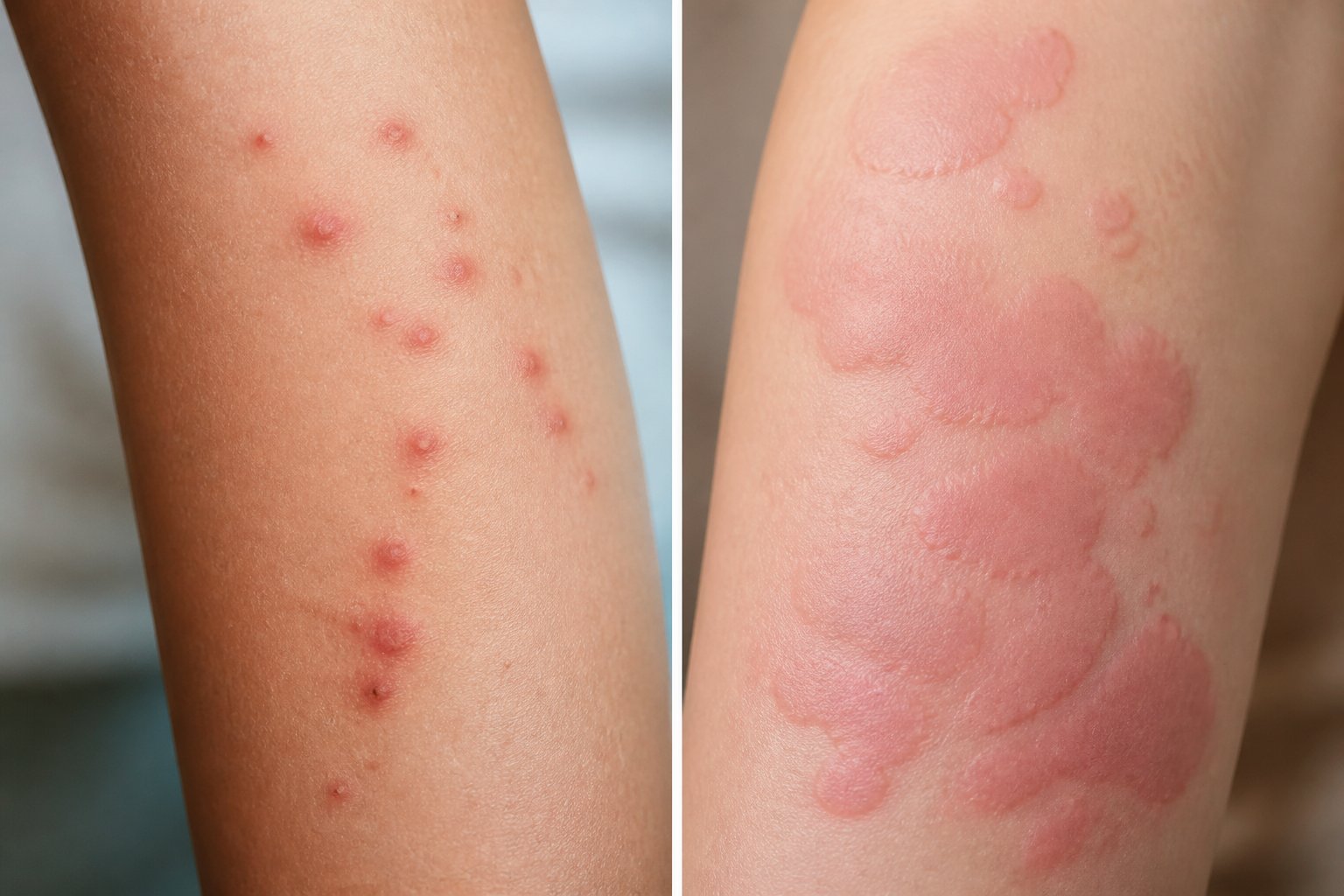 Close-up of human skin showing red bed bug bites on one side and raised hives on the other side for comparison.