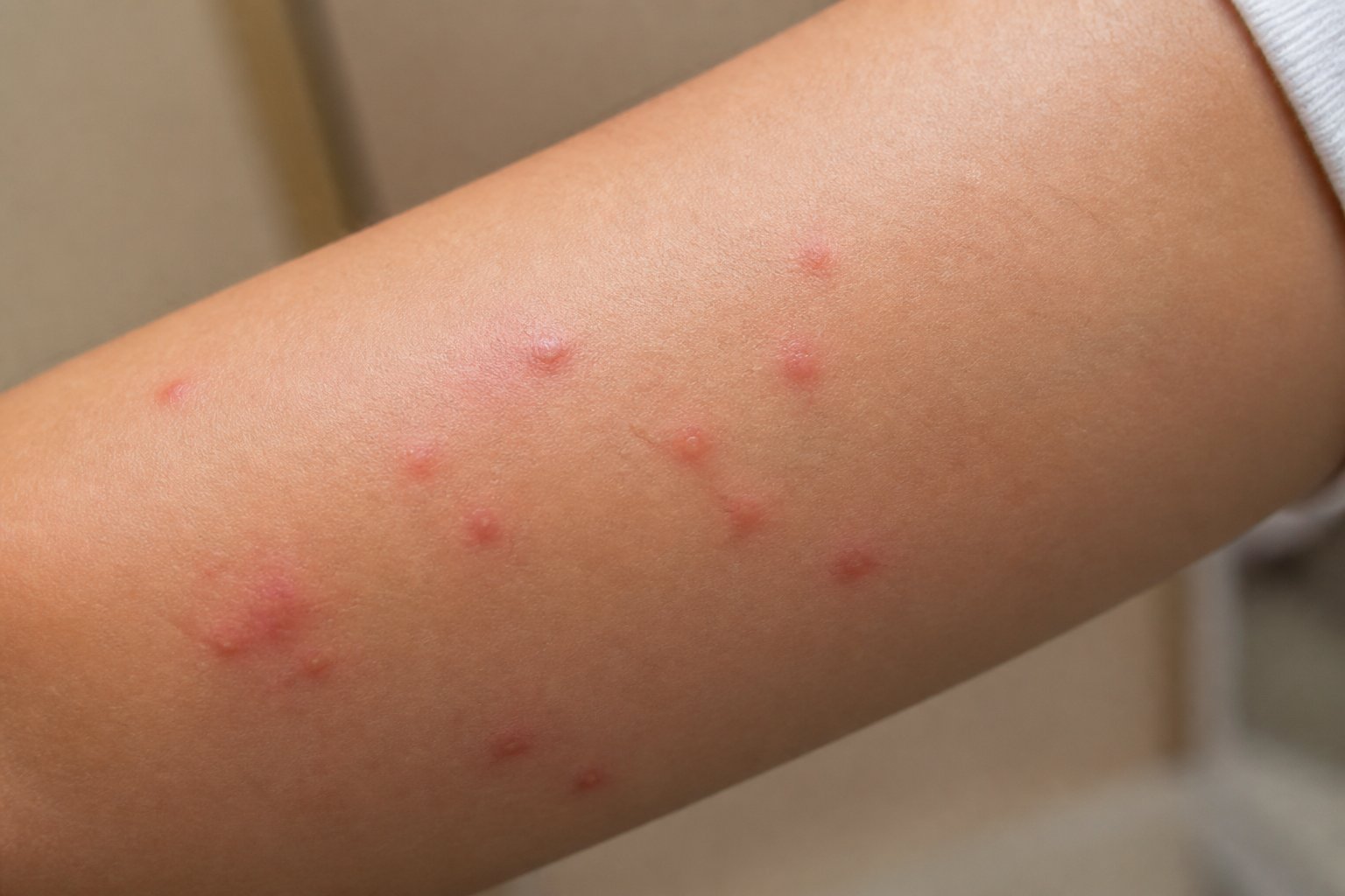 Close-up of a person's arm showing small red bumps and welts on the skin.
