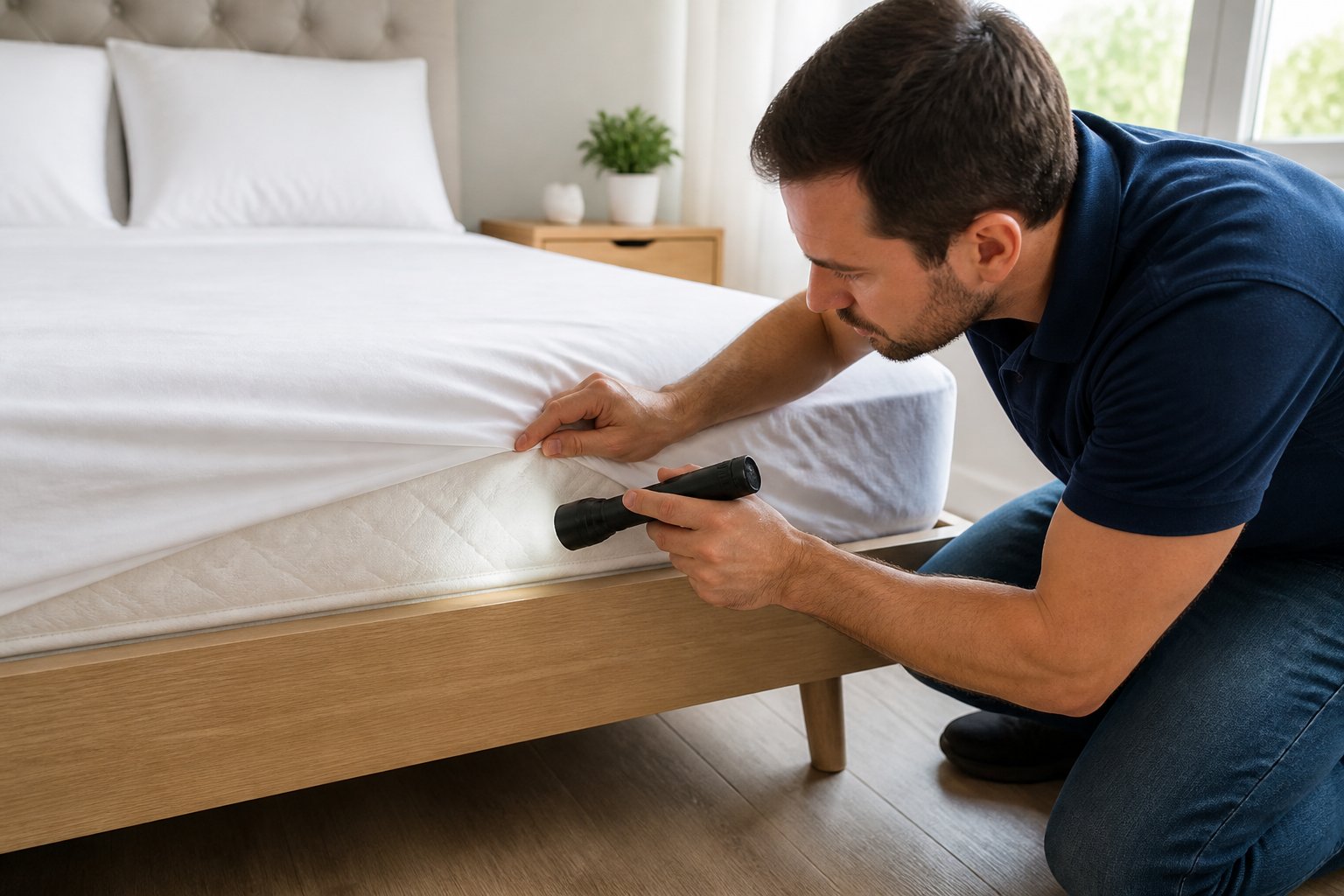 Person inspecting a clean bedroom mattress closely for signs of bed bugs or hives.