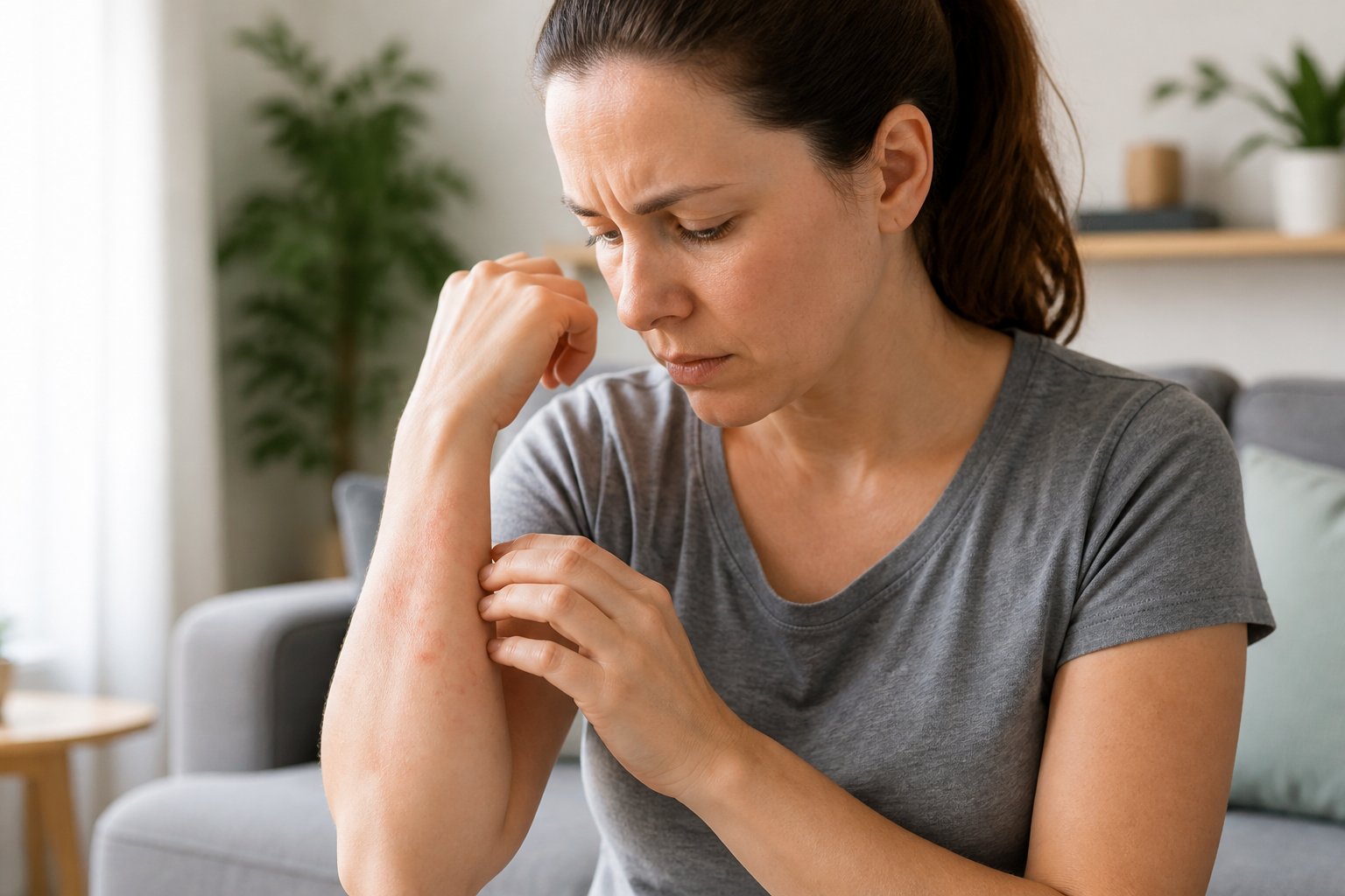 An adult closely examining red, irritated spots on their arm in a bright home environment.