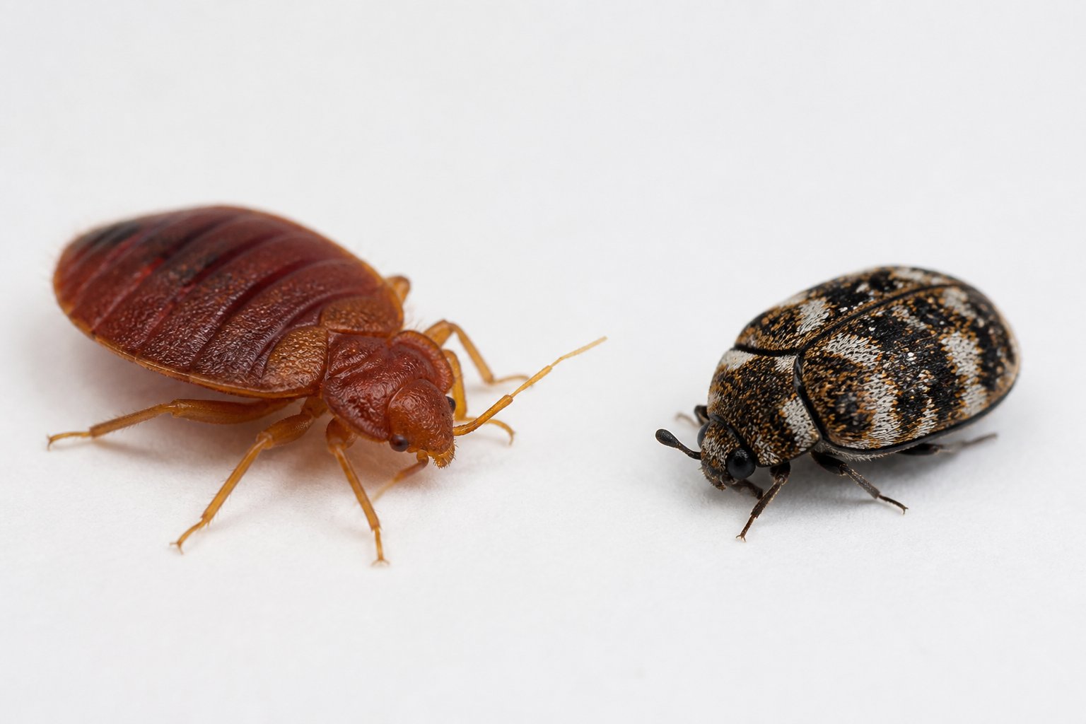 Close-up image showing a bed bug and a carpet beetle side by side on a white surface.