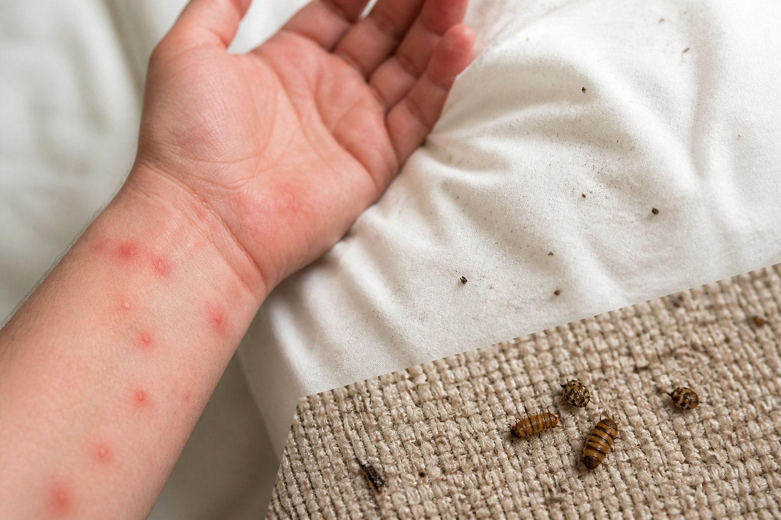 Close-up of a person's arm with red bites next to bedding and fabric showing signs of insect infestation.