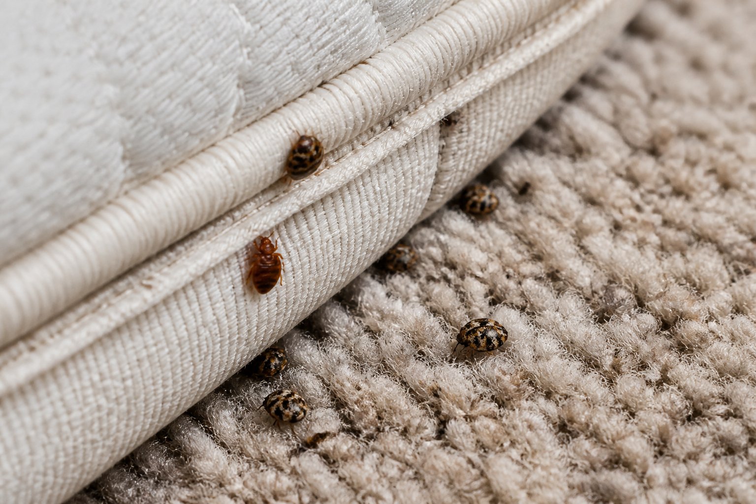 Close-up of a mattress seam and carpet edge with bed bugs and carpet beetles hiding in the crevices.
