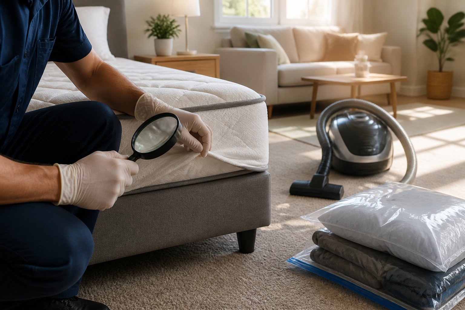 A person wearing gloves inspects a mattress seam with a magnifying glass in a clean, sunlit bedroom with a vacuum cleaner and sealed bags nearby.