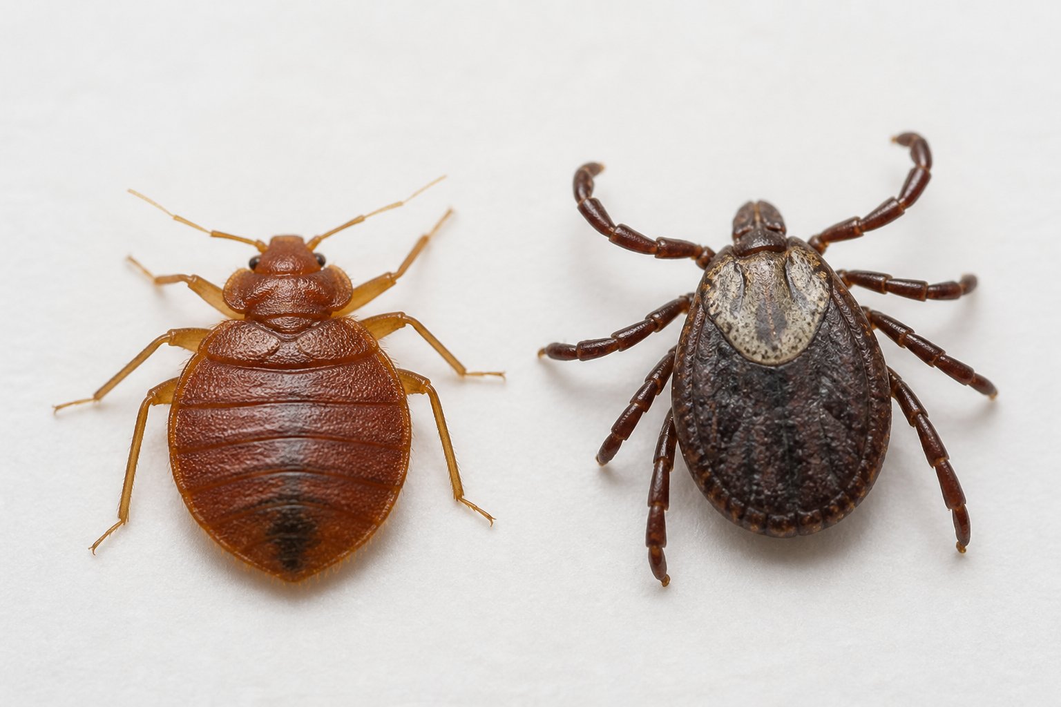 Close-up view of a bed bug and a tick placed side by side on a white surface.