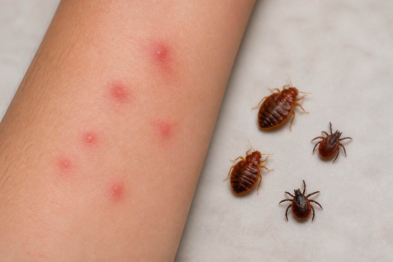 Close-up of a human arm with red bite marks and nearby bed bugs and ticks on a blurred background.