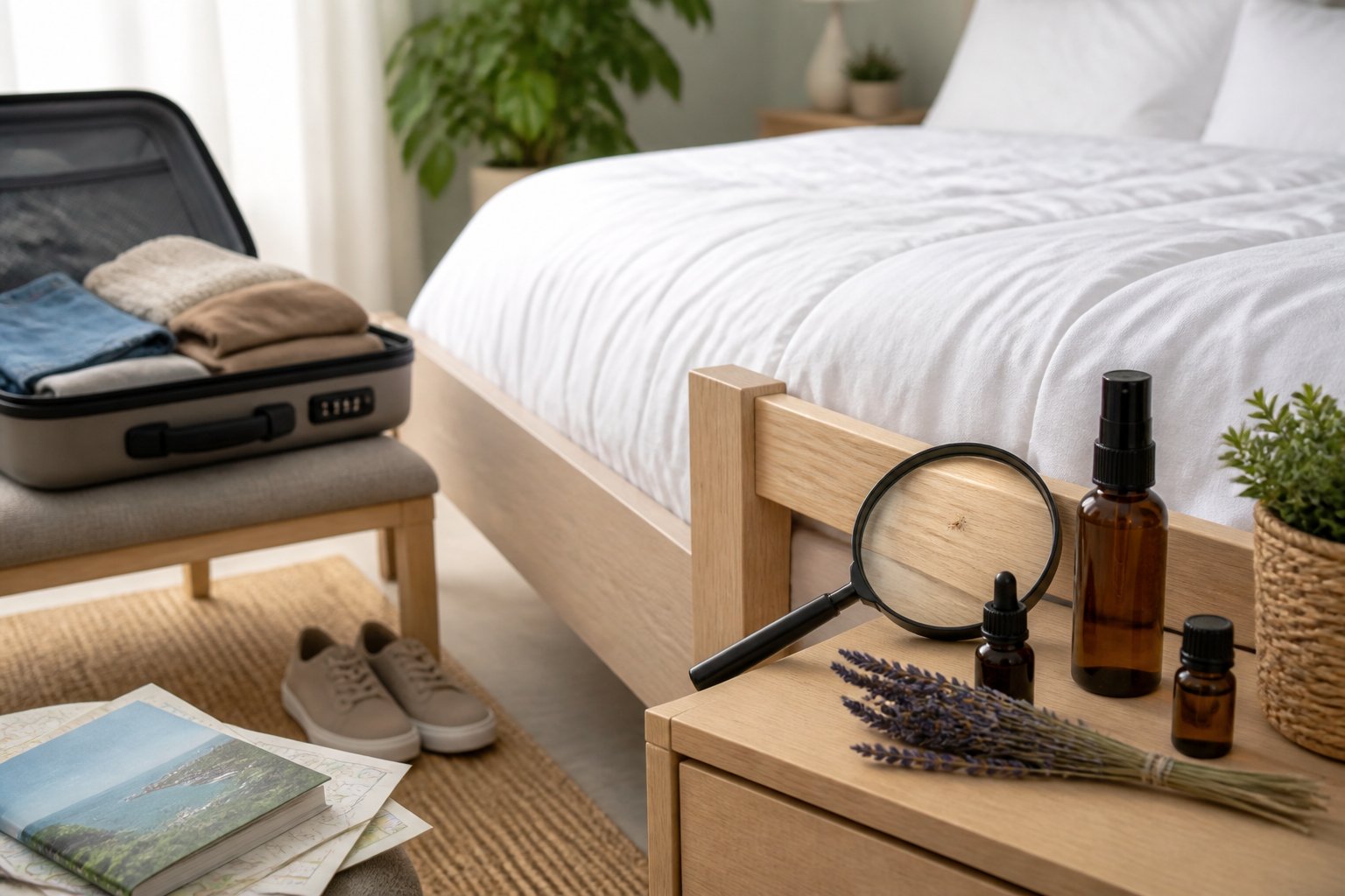 A clean bedroom with a made bed, an open suitcase on a chair, and pest control items on a bedside table.
