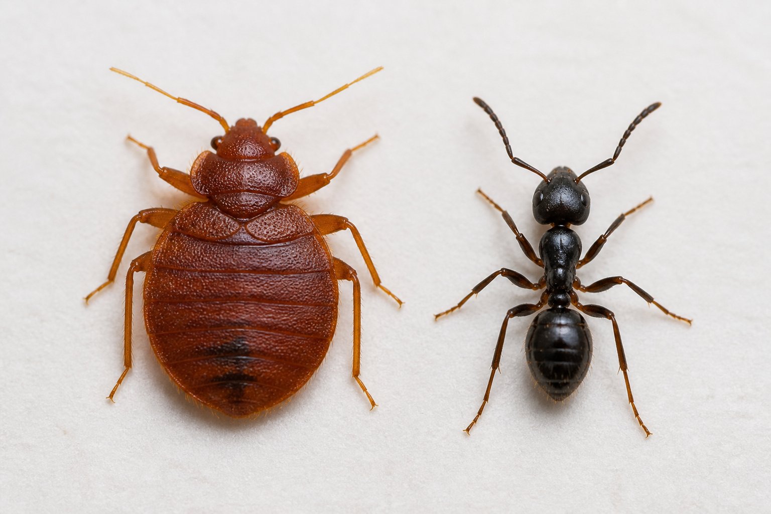 Close-up view of a bed bug and an ant side by side on a light background showing their size and body differences.