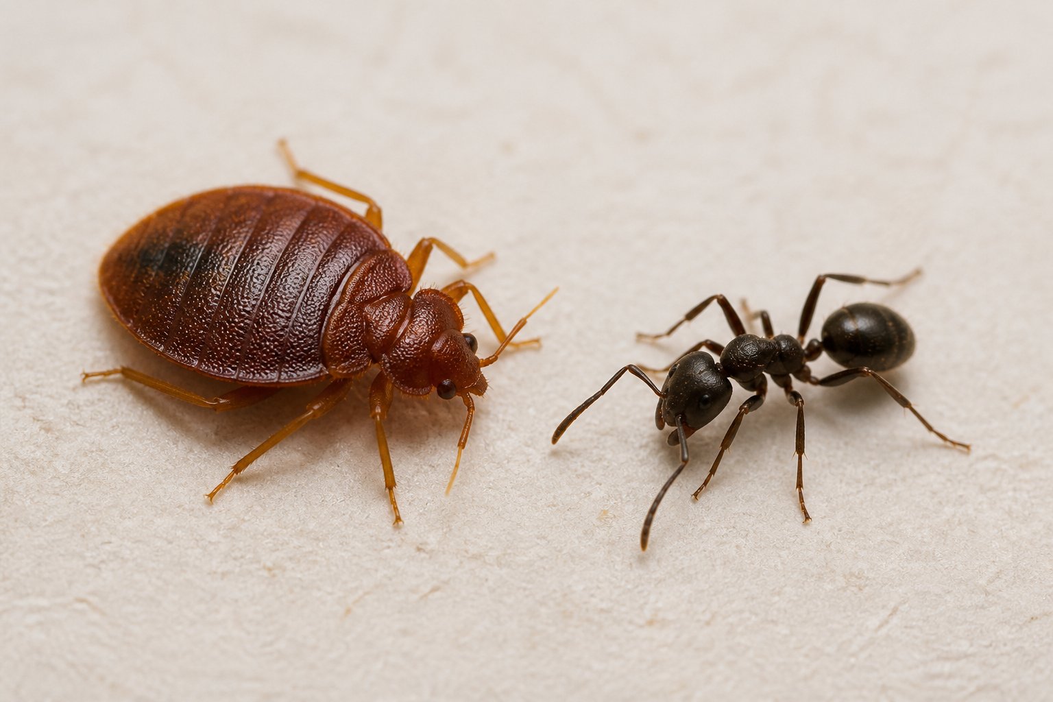 Close-up view of a bed bug and an ant side by side on a plain surface showing their different shapes and colors.