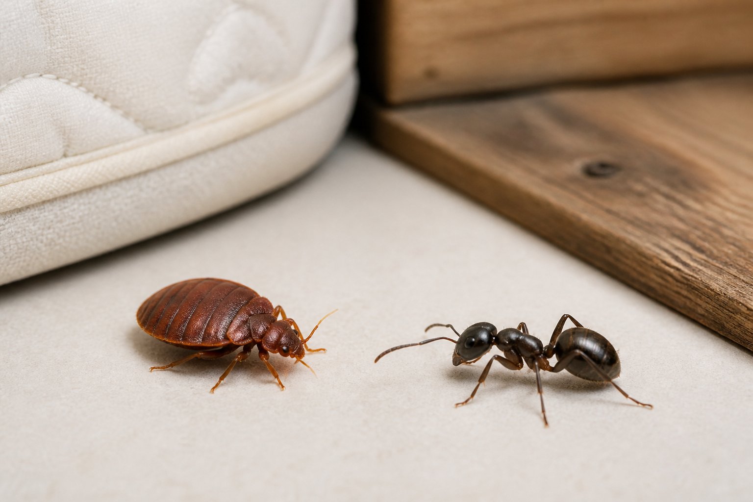 Close-up view of a bed bug and an ant side by side on a light background with parts of a mattress and wooden floor visible.