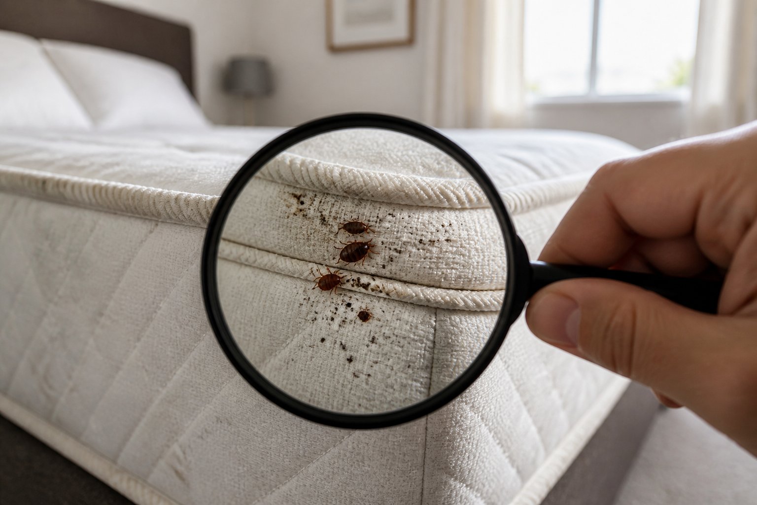 A person inspecting a mattress seam with a magnifying glass, revealing small bed bugs and spots.