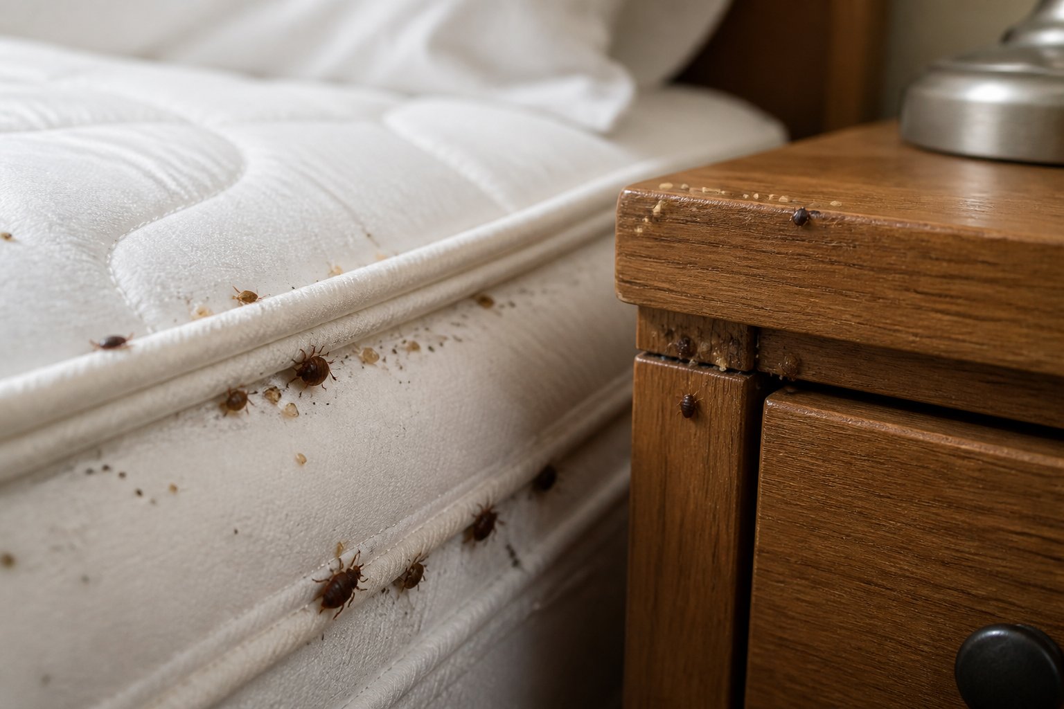 Close-up of a bed mattress seam and nearby nightstand showing bed bugs and their eggs in typical hiding spots.
