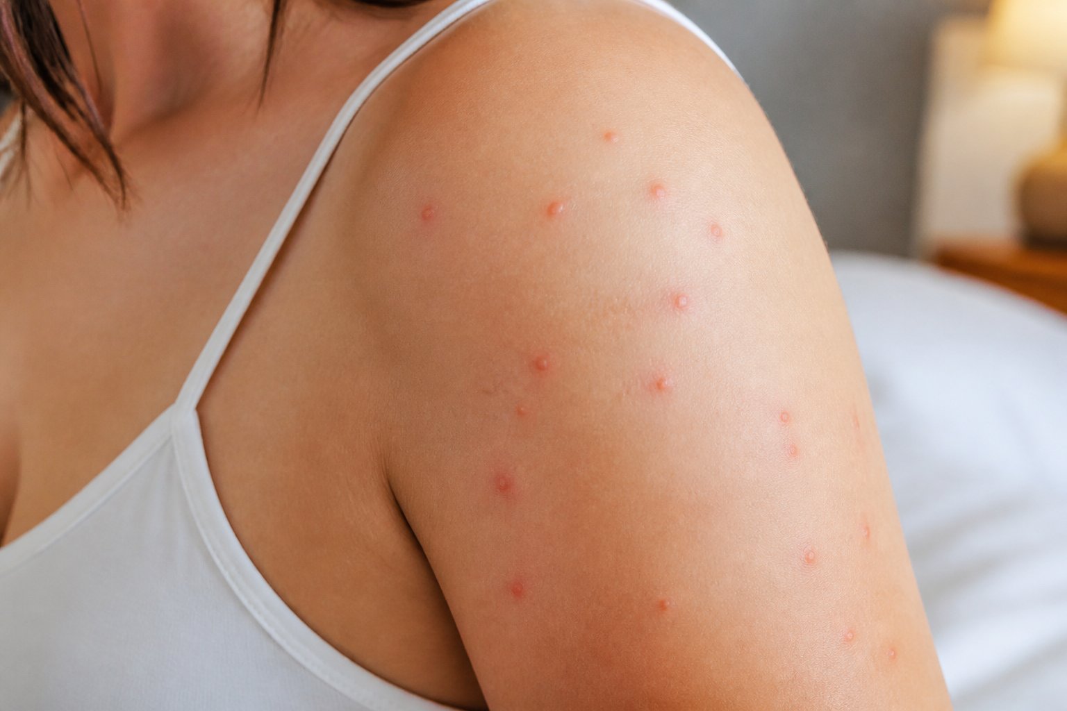 Close-up of a human arm and shoulder showing small red bite marks in typical bed bug bite areas.